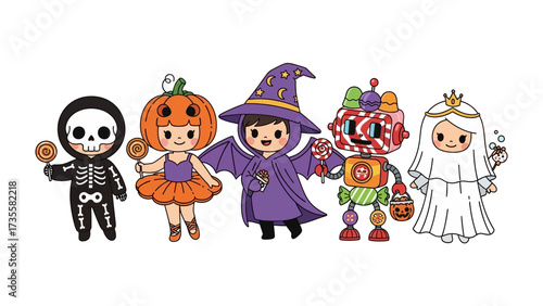 Whimsical Halloween Characters: A charming collection of Halloween characters, including a skeleton, pumpkin, witch, robot and ghost, each dressed in unique, delightful costumes.