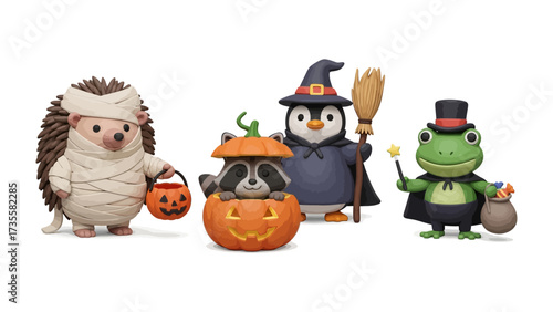 Halloween animal characters: A whimsical gathering of animal characters is dressed up and ready for Halloween, each with their unique costumes.