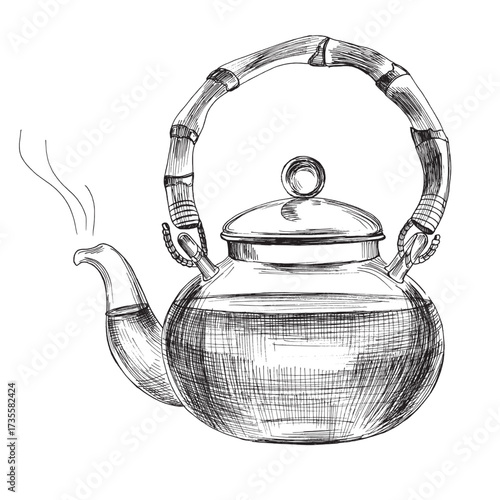 Vector illustration of vintage teapot with bamboo handle. Hand drawn sketch of kettle for tea brewing, traditional kitchenware, retro design, cafe, restaurant, tea ceremony, antique cookware and decor