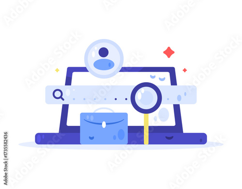 Illustration of a laptop with a search bar, briefcase, and magnifying glass. Job search concept. Job search service. Recruitment, technology, and websites. Flat design. White background.