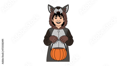 Enchanting Little Wolf: A young individual, dressed in a captivating wolf costume, brimming with joy, ready for a night of trick-or-treating.