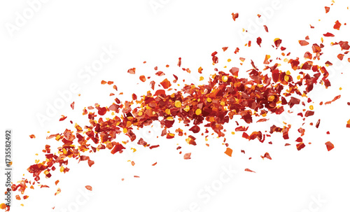 Flying spicy chili red pepper flakes, chopped paprika pile, vector
