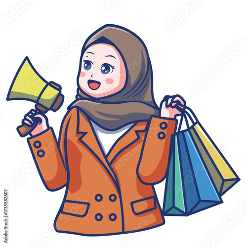 Hijab-wearing female model happy to get shopping promo