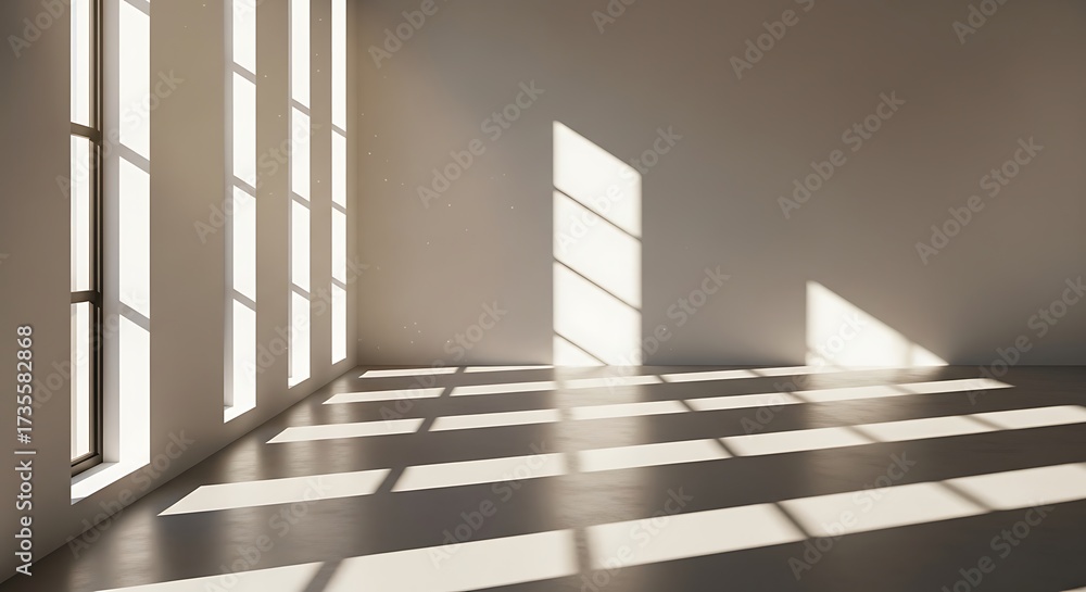 Obraz premium Sunlight streaming through tall windows creating strong geometric shadows in an empty modern room with white walls and a concrete floor.