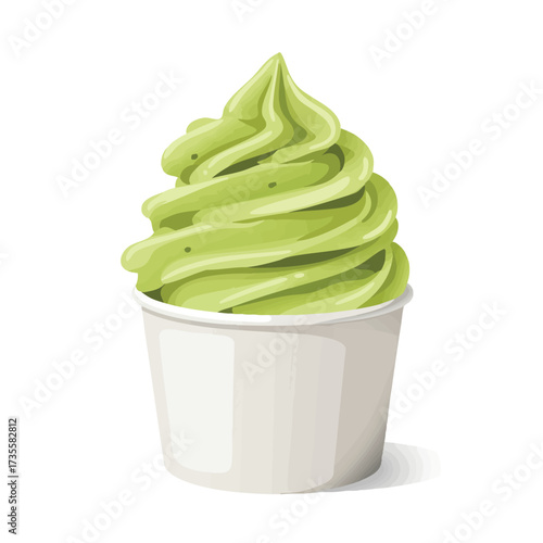 Green soft serve ice cream in a white cup.