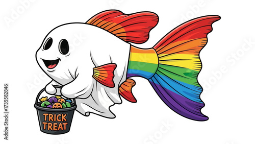 Rainbow fish ghost with trick or treat basket: A whimsical illustration of a rainbow-colored fish dressed as a ghost, ready for trick or treat, evoking the charm of Halloween and marine life.