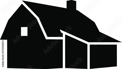 Simple silhouette of a barn or rural house with chimney