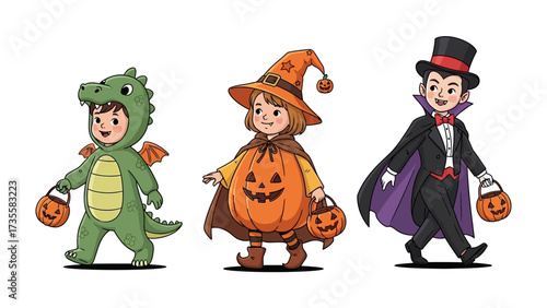 Children's Halloween Costumes in Trio: A whimsical illustration showcases three children, each dressed in delightful costumes, carrying pumpkin buckets ready for candy collection.