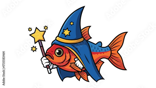 Wizard Fish with Wand: An illustrated, enchanting wizard fish, adorned in a blue pointed hat and flowing cape, waves a sparkling wand with star-shaped magic at its tip. 