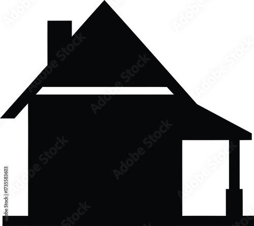 Simple black silhouette of a traditional house with a porch
