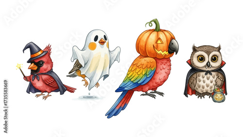 Spooky avian ensemble in halloween theme:A quirky cast of whimsical birds, playfully embodying iconic Halloween costumes: a cardinal as a wizard, a ghostly.
