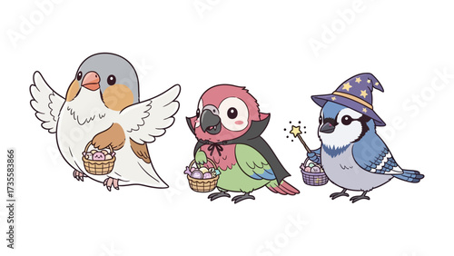 Enchanting Avian Trio in Costume: A whimsical illustration showcasing a cheerful bird, charming parrot, and a magical blue jay, each adorned in delightful costumes with themed accessories.