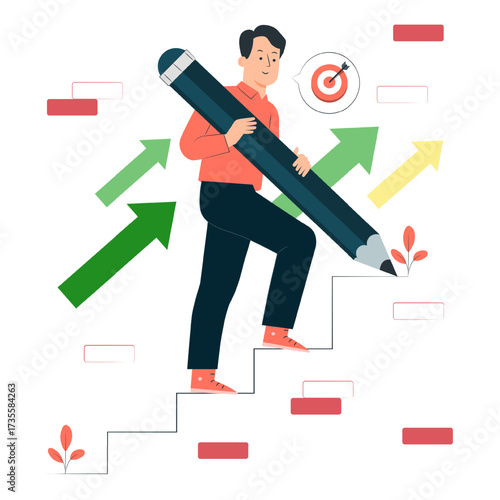 Stairs to goal. Businessman draw a stairs to the top of target. Business concept. Vector illustration flat design. Isolated on background. Achieving goal. Ladder wall. Strategy to aim