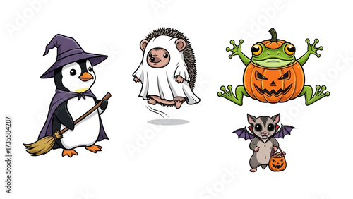 Whimsical Halloween Characters: A charming collection of cartoon characters, a penguin witch, a hedgehog ghost, a pumpkin frog, and a bat, each prepared to celebrate the spooky spirit of the holiday.