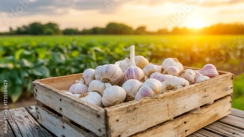 Garlic harvest in a wooden crate on a farm at sunset