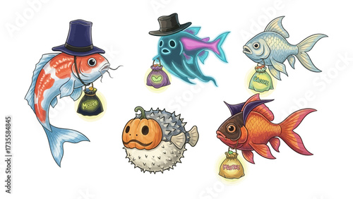 Whimsical Aquatic Halloween Gathering: A fanciful collection of animated fish, each adorned with a unique Halloween costume, gather to celebrate the holiday with a magical glow.