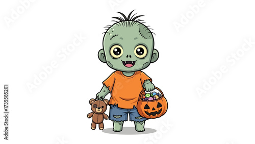 Spooky Treat: A charming cartoon depicts a zombie child, cheerfully dressed and clutching a Halloween pumpkin basket, with a beloved teddy bear by its side.