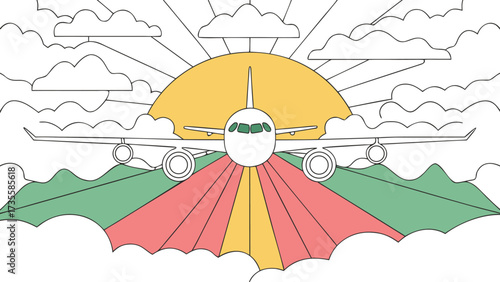 Airplane on the background of clouds. Vector illustration in flat style.
