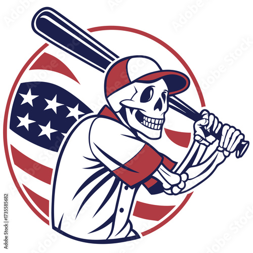 Illustration of a baseball player bats batting with stars and stripes flag set inside circle done in retro style.