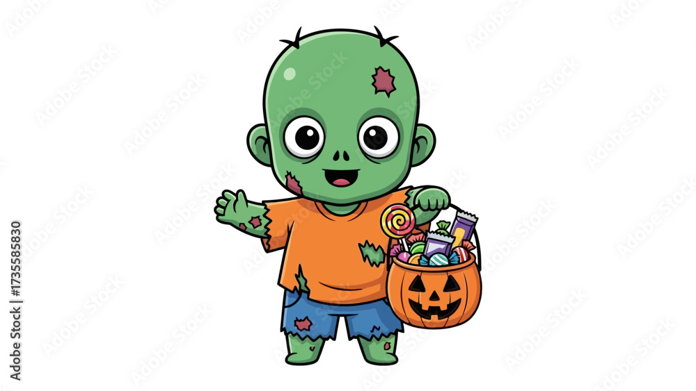 Obraz premium Adorable Zombie with Candy: A charming cartoon illustration of a cute, smiling zombie holding a Jack O'Lantern candy bag, perfect for Halloween festivities.