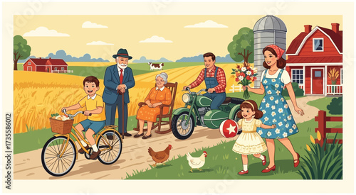 Big happy family. Grandparents, parents and kids, pets chilling. Group portrait of different relative generations.  people vector illustration
