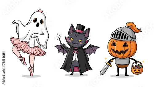 Halloween Characters in Costumes: Festive and cute illustrations showcase a ghost ballerina, a bat vampire, and a pumpkin knight in their Halloween costumes. 