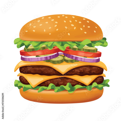 Delicious Double Cheeseburger with Lettuce Tomato Onion and Pickles.