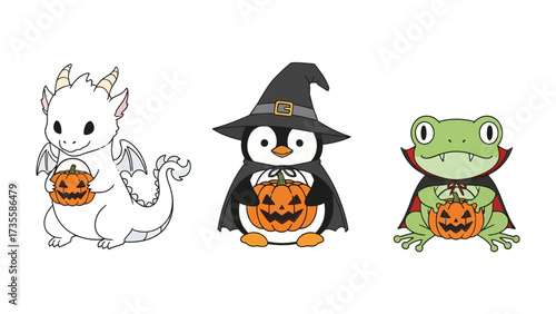 Halloween characters illustration: A charming illustration presents a Halloween-themed fantasy trio: a friendly dragon, a penguin witch, and a frog vampire, each clutching a jack-o'-lantern.