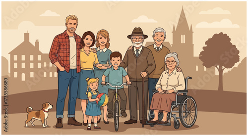 Happy multigenerational family outdoors with grandparents, parents, and children enjoying countryside life with dog, vehicle