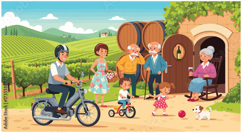 Happy multigenerational family outdoors with grandparents, parents, and children enjoying life with dog, bicycle, and motor cycle