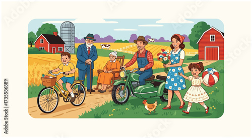 Happy multigenerational family outdoors with grandparents, parents, and children enjoying life with dog, bicycle, and motor cycle