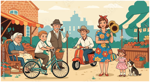 Happy multigenerational family outdoors with grandparents, parents, and children enjoying countryside life with dog, vehicle