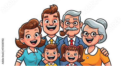 Happy multigenerational cartoon family portrait with grandparents, parents, and children smiling together, holding hands, enjoying joyful moment.