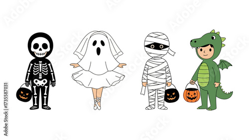 Halloween Costume Characters: Spooky illustrations of children dressed in Halloween costumes, featuring a skeleton, ghost, mummy, and dragon, each holding a trick-or-treat bucket.