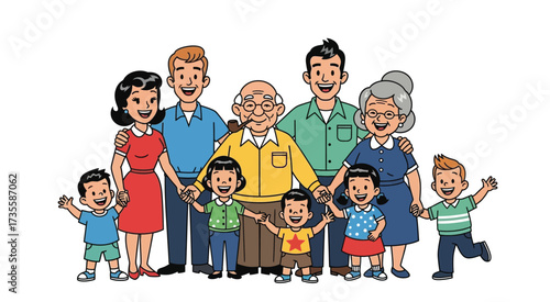 Happy multigenerational cartoon family portrait with grandparents, parents, and children smiling together, holding hands, enjoying joyful moment.