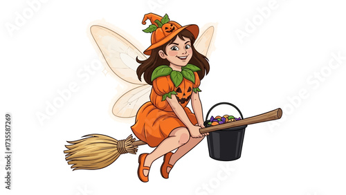 Halloween Pumpkin Fairy: A whimsical cartoon illustration of a friendly fairy dressed in a pumpkin-themed costume, soaring through the air on a broom.