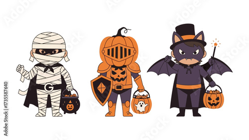 Halloween Trio Costume: A trio of playfully costumed figures, a mummy, a pumpkin knight, and a bat-man, ready for a night of spooky celebrations.