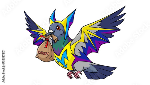 Superhero Pigeon: A whimsical superhero pigeon, complete with a striking costume, confidently soaring through the sky while clutching a bag of candies, a unique perspective of heroic character.