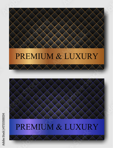 Premium and luxury background with elegant quilted pattern in black, gold, and blue metallic accents, perfect for banners, invitations, branding, and high-end designs