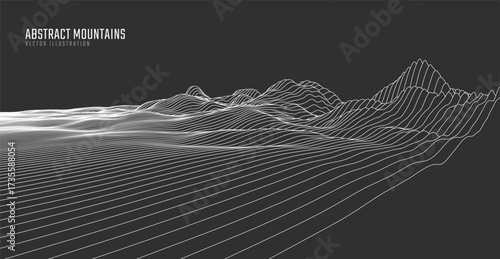 Contour mountain landscape. Waved line art. Abstract minimal topographic map. Contour lines with elevations and terrain depth. Vector illustration.