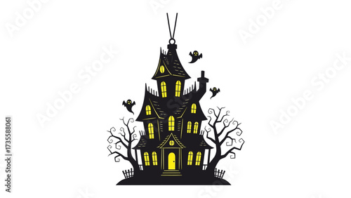 Spooky House on Halloween Night: A chillingly detailed illustration of a haunted house, exuding an eerie atmosphere with ominous trees and playful ghost. The scene creates a thrilling atmosphere