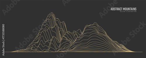 Contour mountain landscape. Waved line art. Abstract minimal topographic map. Contour lines with elevations and terrain depth. Vector illustration.