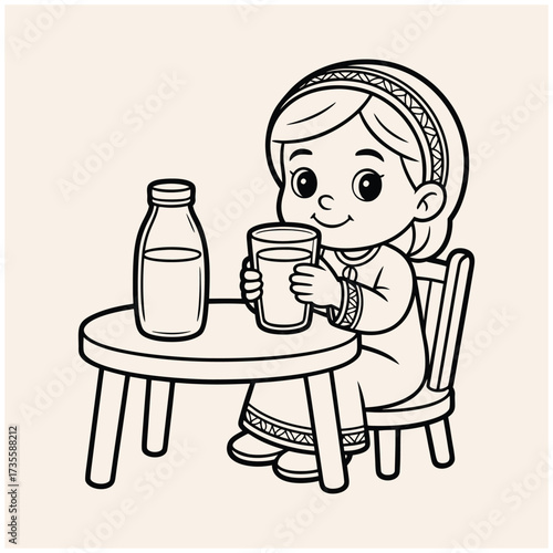 The line art illustration shows an Arab little girl sitting and happily drinking a glass of milk