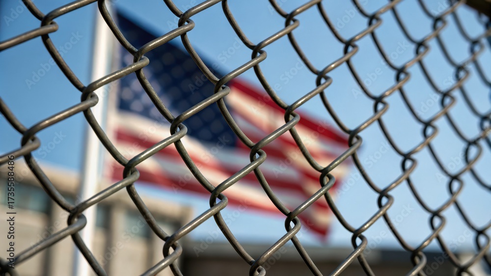 Fototapeta premium right wing symbolism A close-up of a chain-link fence with an American flag blurred in the background.
