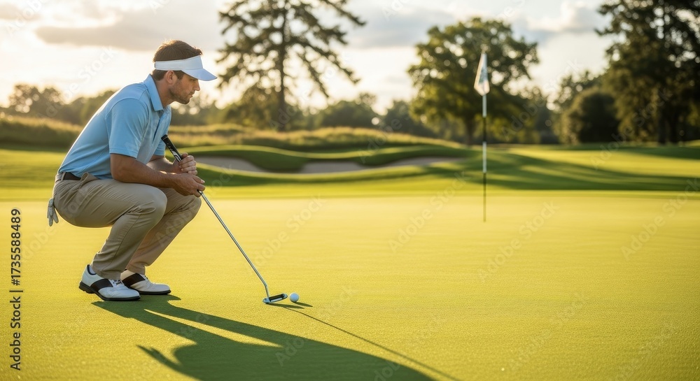 Obraz premium Golfer lining up a putt on a sunny green course.