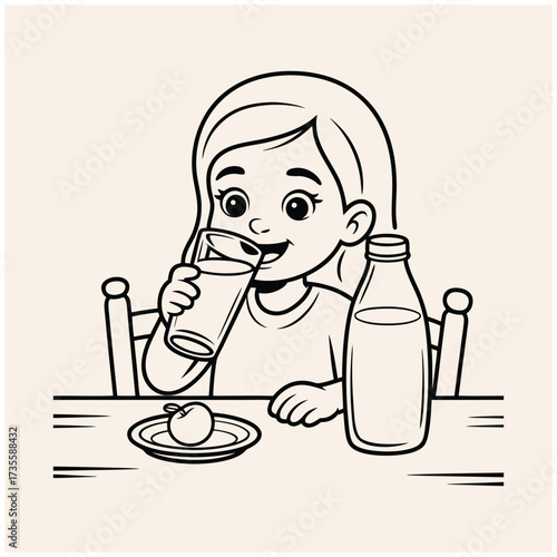 The line art illustration shows an Arab little girl sitting and happily drinking a glass of milk