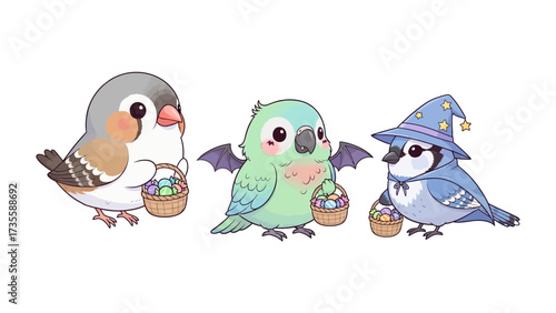 Whimsical Birds' Easter Basket: A trio of adorable birds, each with a unique charm, gather for the Easter holiday, carrying colorful eggs in woven baskets against a bright background.