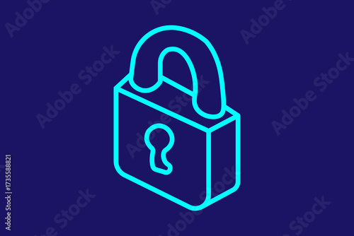 This image shows a minimalist neon-blue line icon of a padlock on a dark blue background. The design has a modern, isometric style. The padlock symbolizes security, privacy, protection, and safety