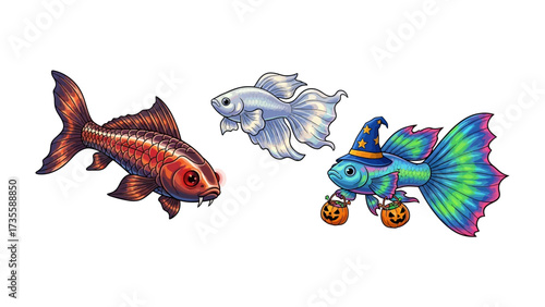 Enchanting Aquarium: A whimsical illustration showcasing three distinct fish, each with unique features. one fish with an orange body, one with a silver hue, and one wearing a witch's hat.