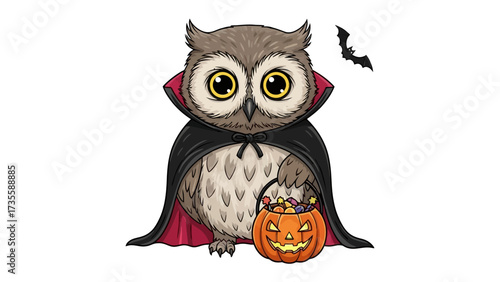 Halloween Owl with Pumpkin: A cartoon owl, dressed in a cape and holding a jack-o'-lantern full of candy, is depicted in a whimsical scene, perfectly capturing the spirit of All Hallows' Eve.